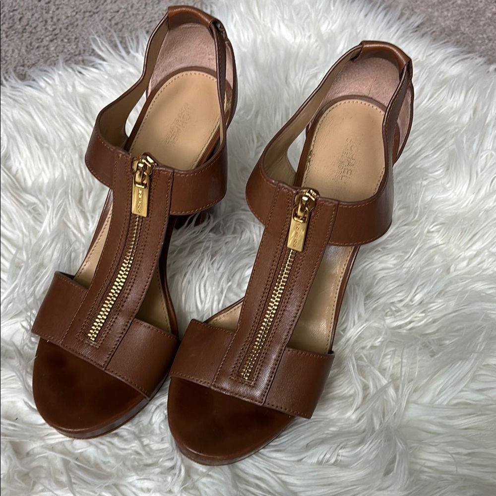 Michael Kors Brown Leather Sandals with Zipper Detail